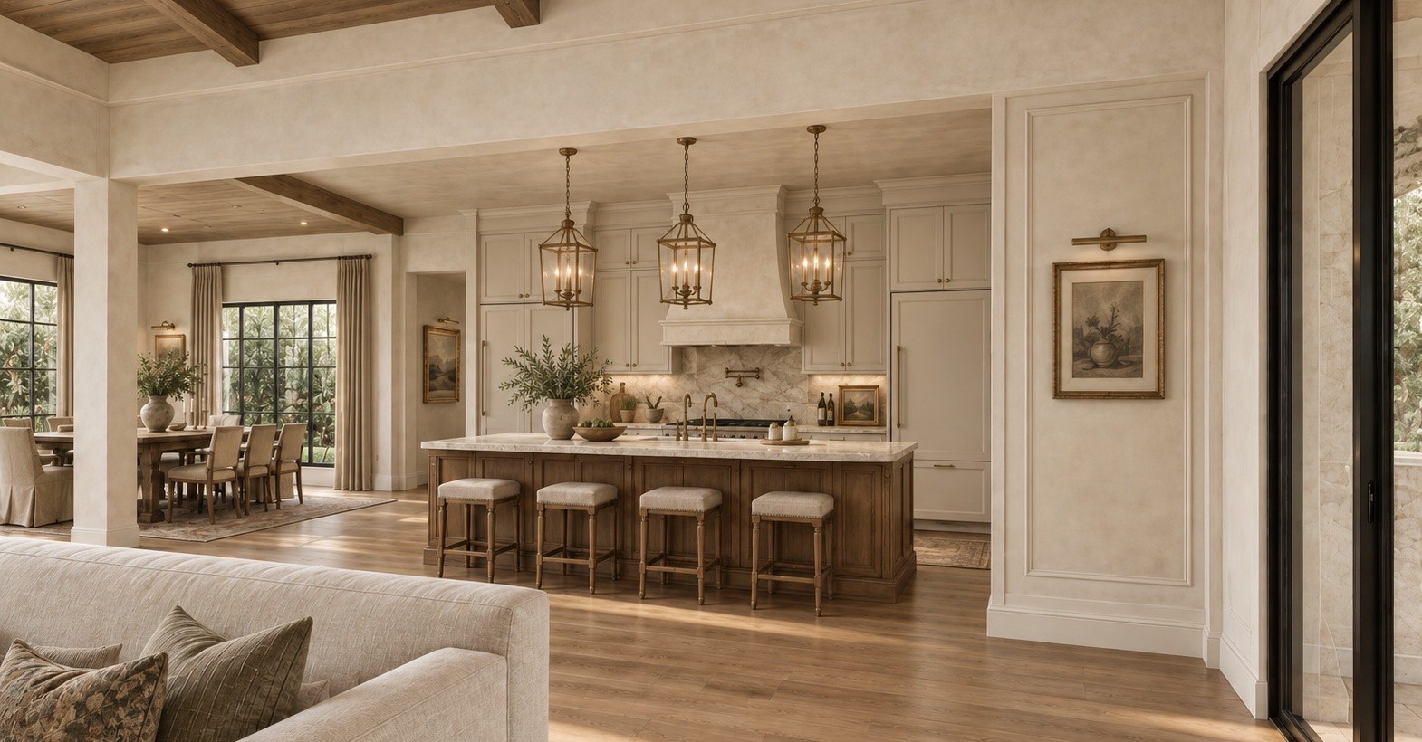 BRIJE European-inspired great room and custom kitchen rendering