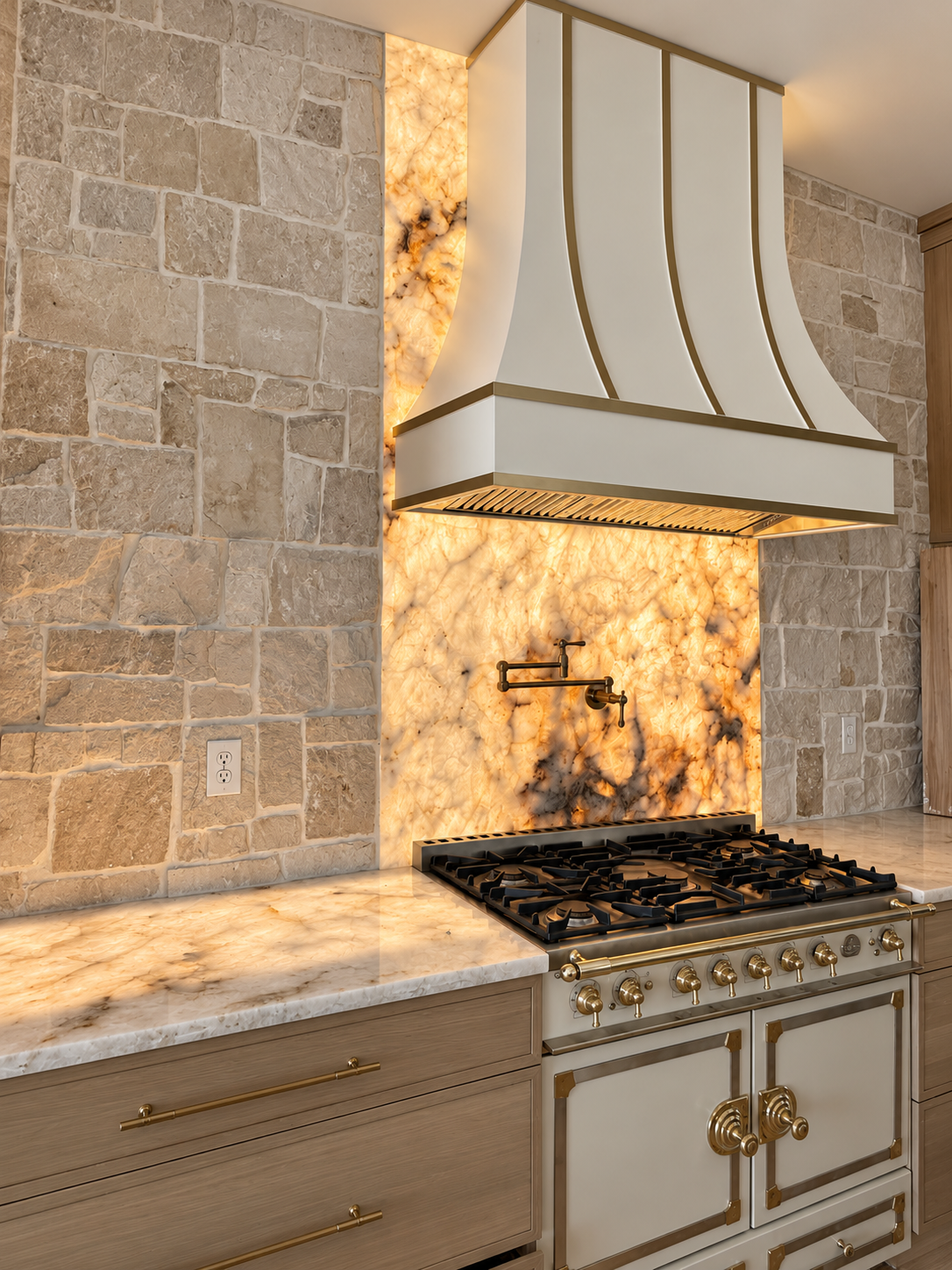 Digitally enhanced photograph of actual BRIJE range hood, illuminated stone and brass-accented range