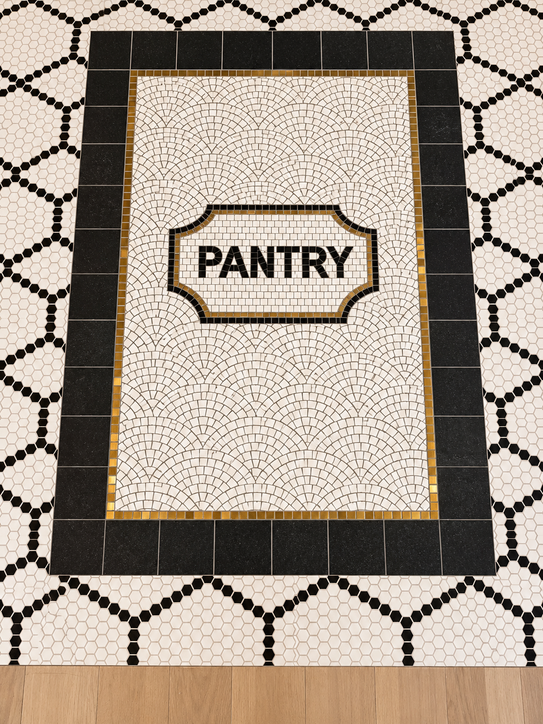 Digitally enhanced photo of BRIJE custom PANTRY mosaic tile in ivory, black and bronze